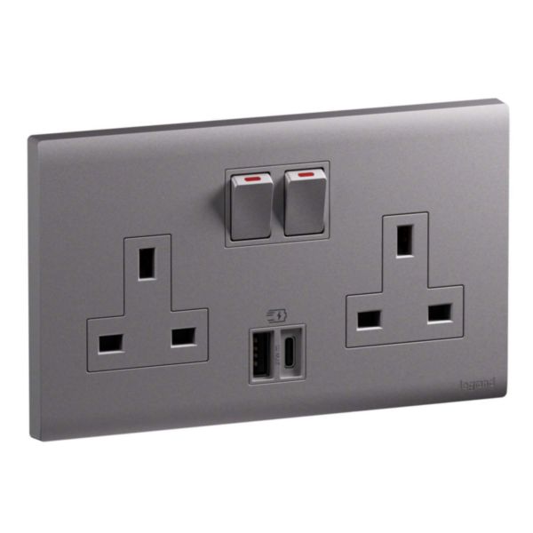MEC33076SL- 2G BS 13A SP SSO+USB AC 27W DS - LEGRAND - OBRIA