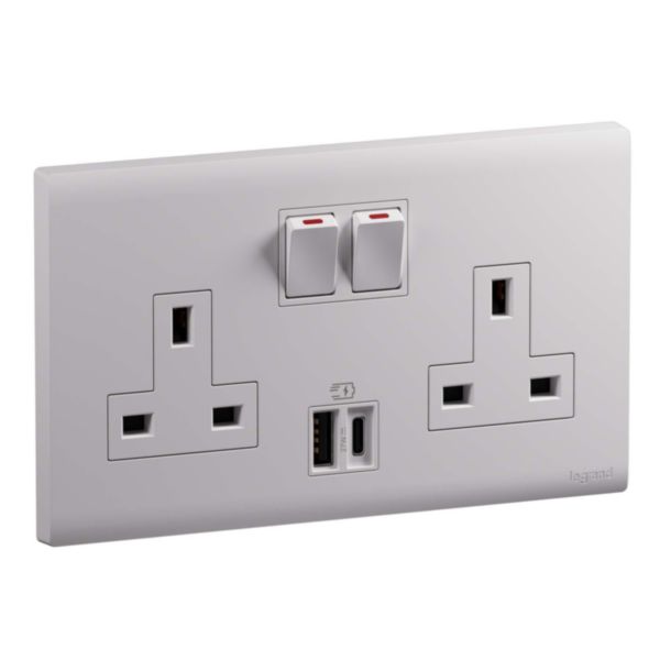 MEC33076WH- 2G BS 13A SP SSO+USB AC 27W WH - LEGRAND- OBRIA